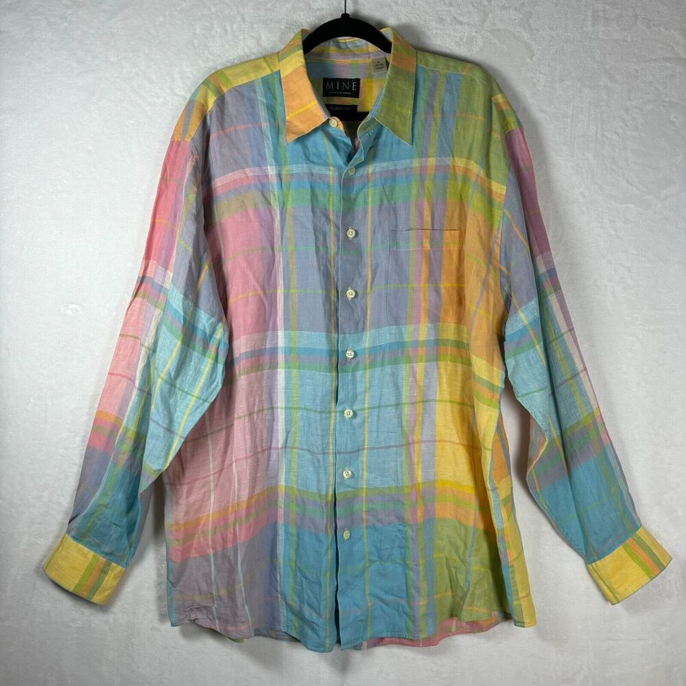 MINE Shirt Men's XL Multicolor Rainbow Plaid 100% Linen Classic Fit Button-Up